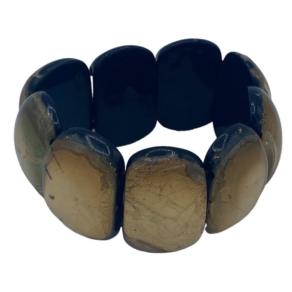 Jewelry - ✨Wide elastic beaded cuff bracelet plastic resin art glass style work gold foil